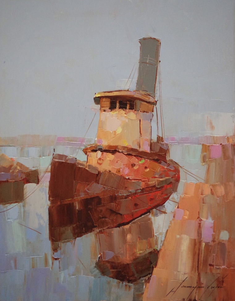Tug Boat, Original oil Painting, Handmade art, One of a Kind, Signed 